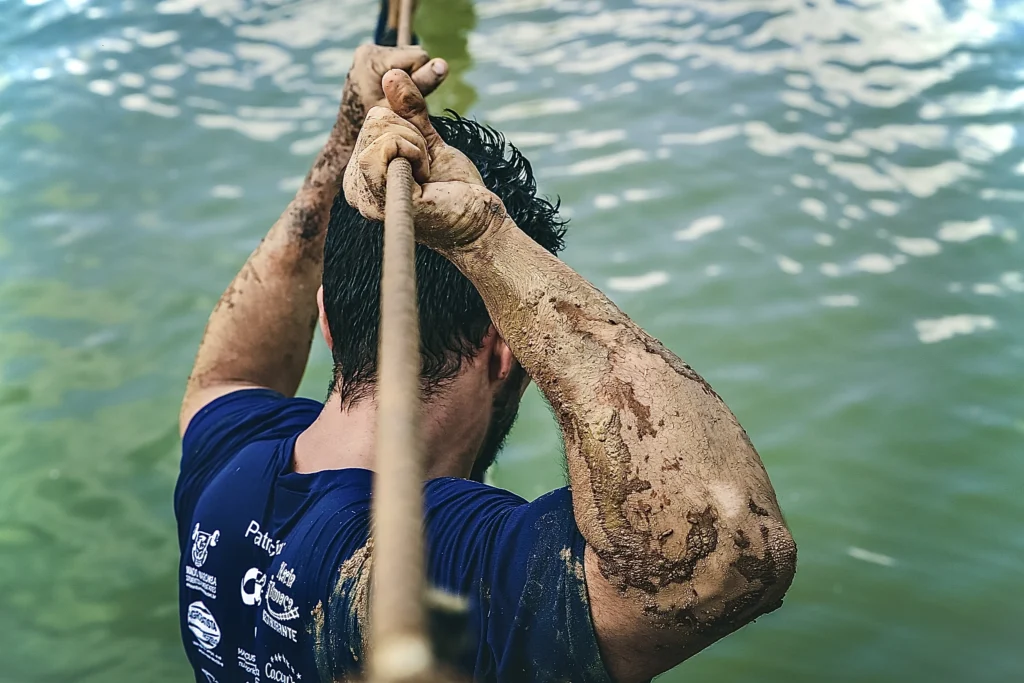 An individual grasping a rope suspended over water to accomplish the task