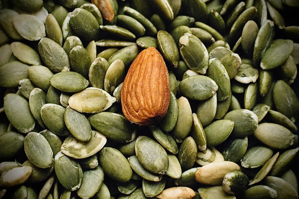 Image of almond and pumpkin seeds - Alkaline-rich snack options